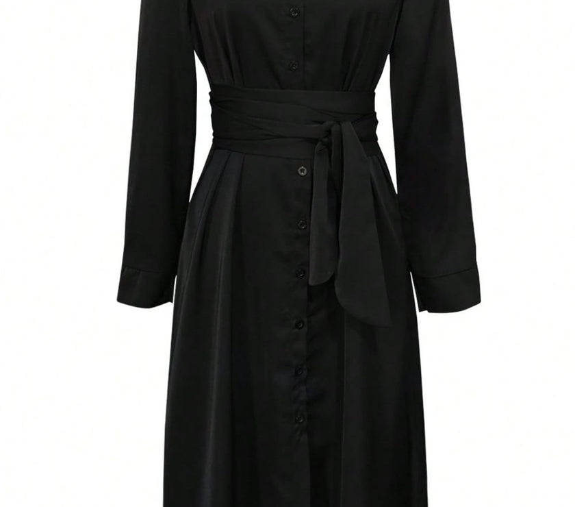 Collared Neck Long Sleeve Midi Shirt Dress