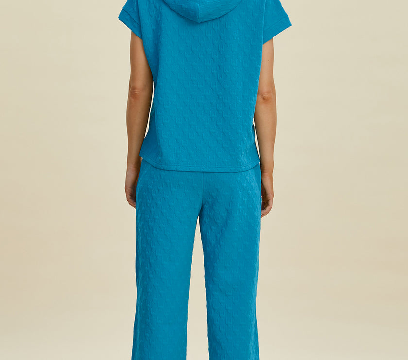 Double Take Full Size Texture Drawstring Short Sleeve Hoodie and Pocketed Pants Set