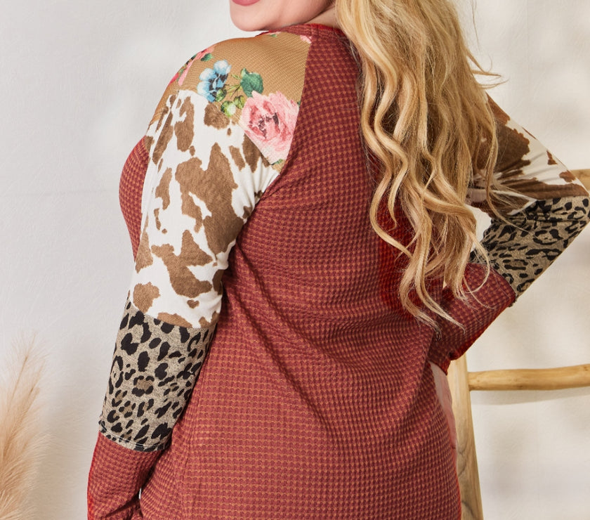 Hailey & Co Full Size Leopard Waffle-Knit Blouse