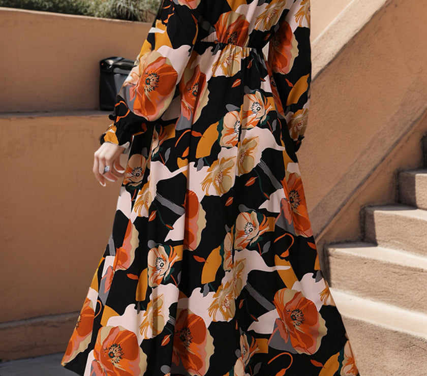 Printed Tie Neck Flounce Sleeve Dress