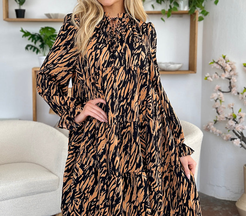 Double Take Full Size Printed Ruffle Hem Long Sleeve Dress