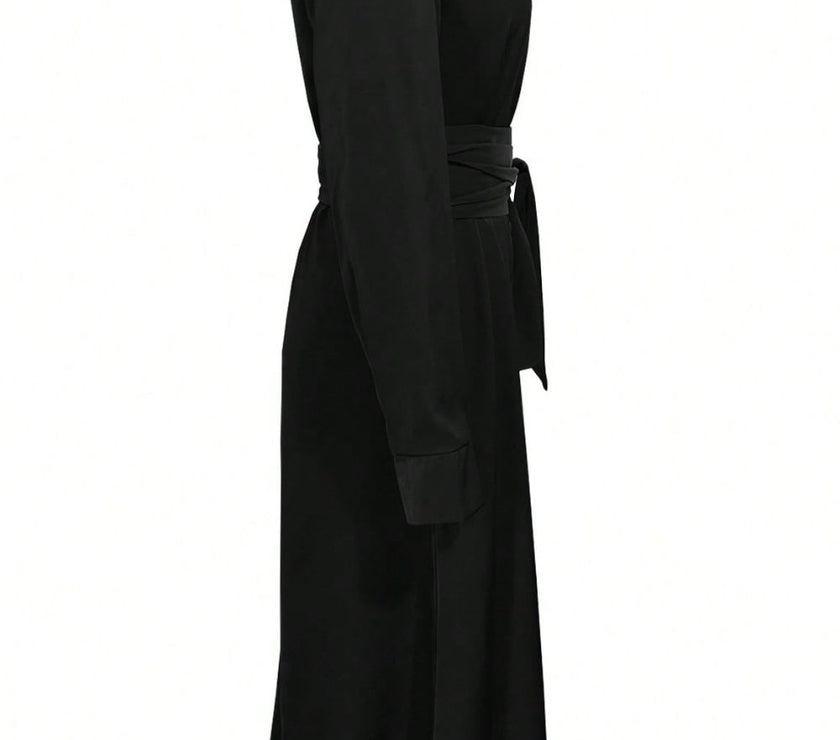Collared Neck Long Sleeve Midi Shirt Dress