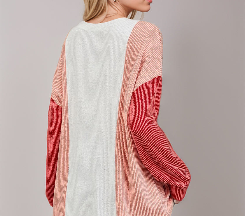 Double Take Texture Contrast Round Neck Long Sleeve T-Shirt