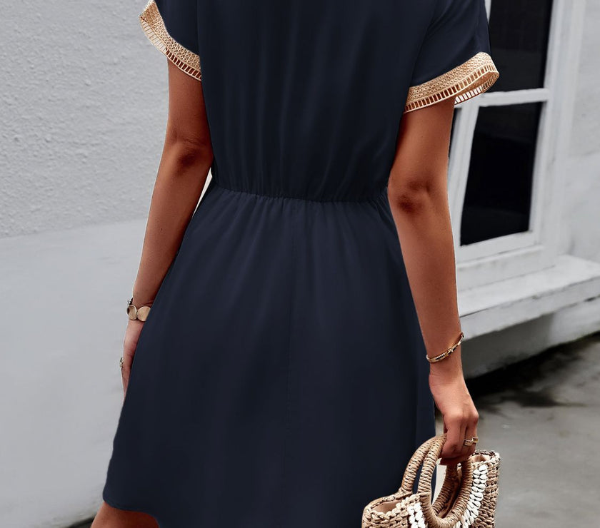 Devine Contrast Trim V-Neck Short Sleeve Mini Dress