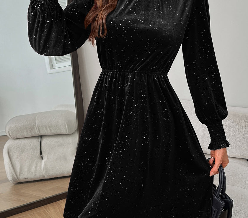 Glitter Mock Neck Long Sleeve Mini Dress