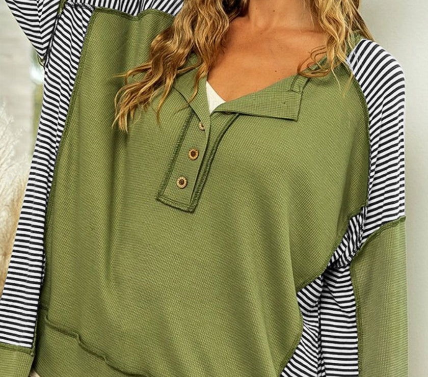Striped Exposed Seam Half Button Sweatshirt