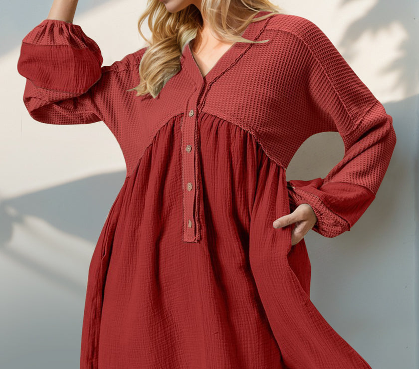 Double Take Waffle-Knit Contrast Half Button V-Neck Long Sleeve Mini Dress