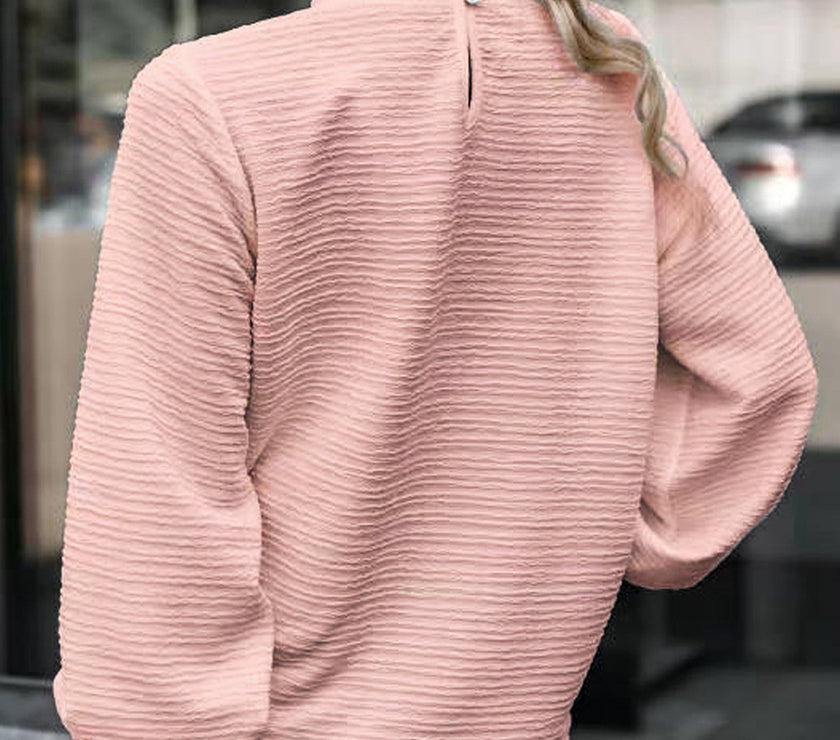 Smocked Frill Mock Neck Long Sleeve Blouse