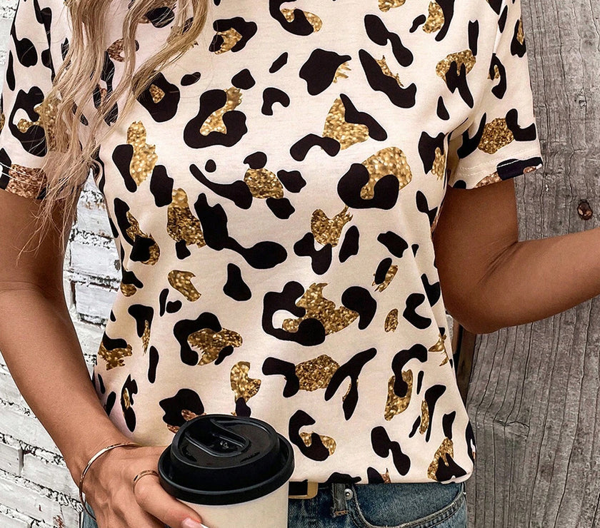 Apricot Leopard Print Round Neck Casual T Shirt
