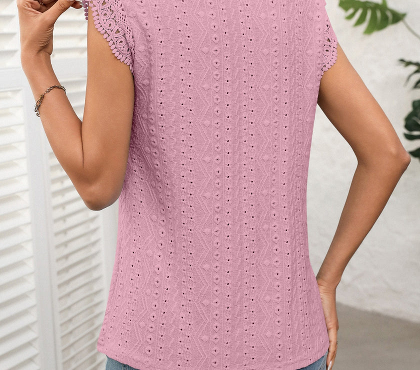 Lace Detail Round Neck Cap Sleeve Top