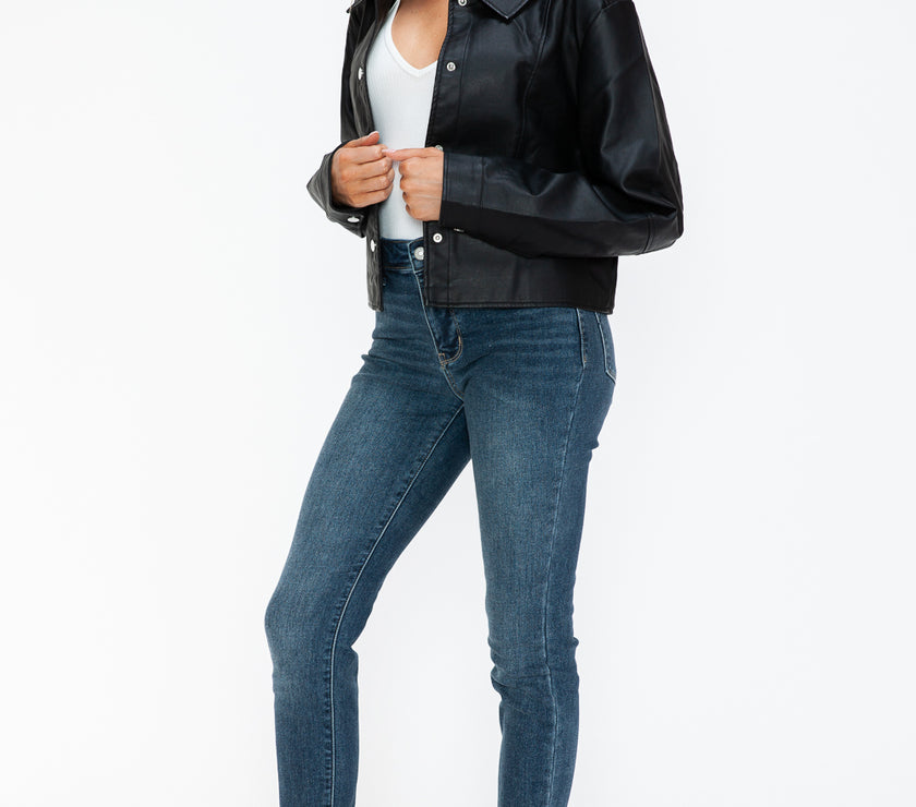 Snobbish Snap Down Long Sleeve PU Leather Jacket