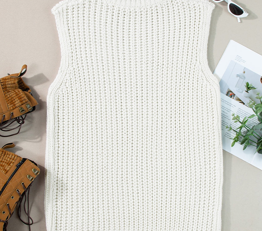 Slit Turtleneck Sleeveless Sweater Vest