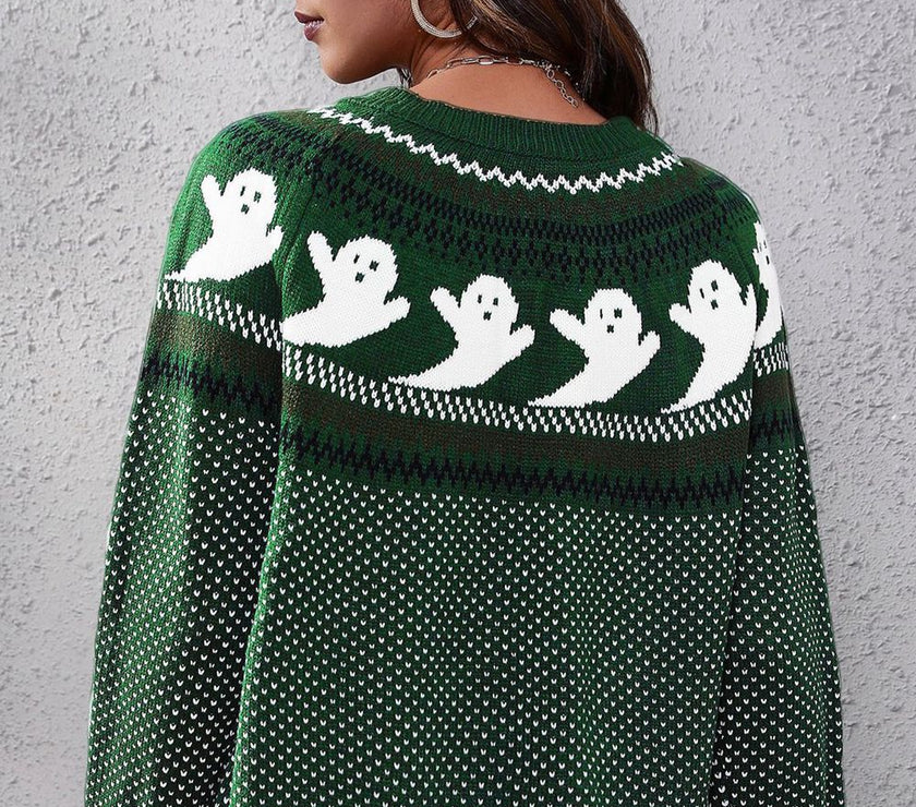 Ghost Pattern Round Neck Long Sleeve Sweater