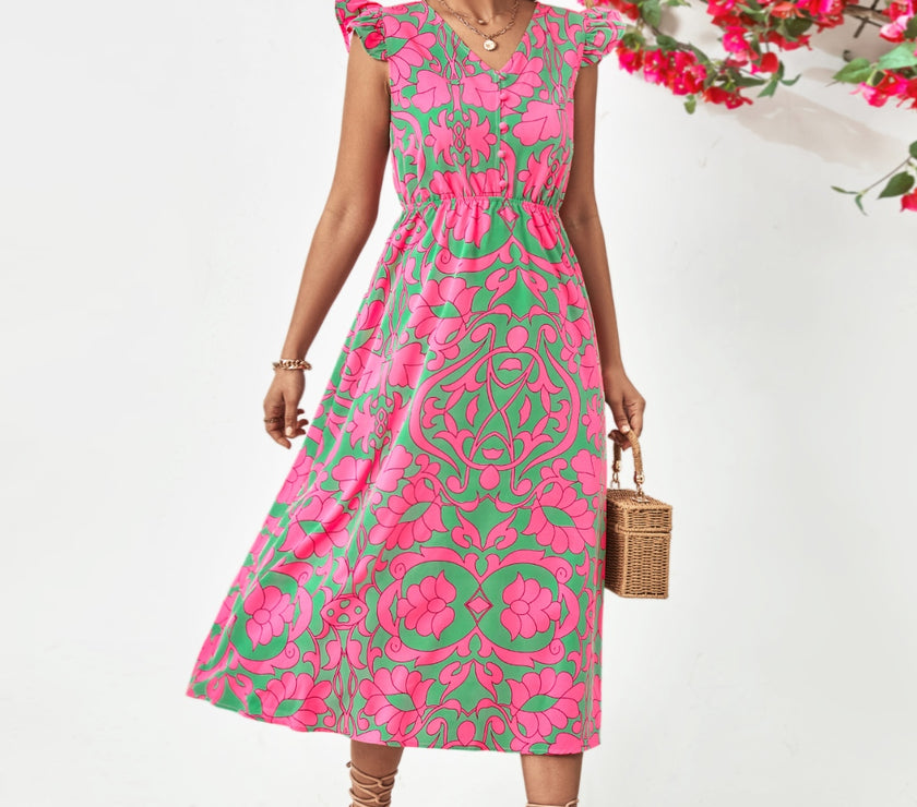 Printed V-Neck Cap Sleeve Dress