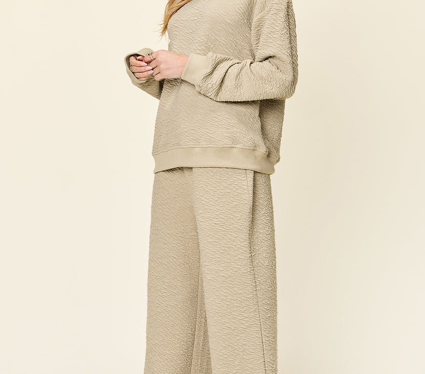 Double Take Full Size Texture Long Sleeve Top and Pants Set