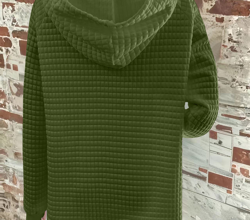 Full Size Texture Button Detail Drawstring Long Sleeve Hoodie