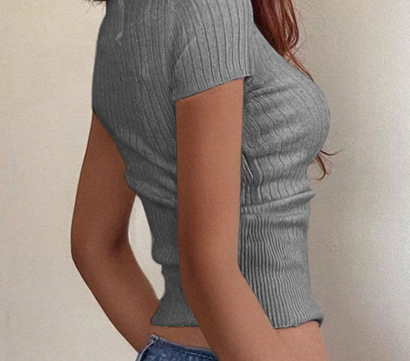 Half Button Scoop Neck Short Sleeve Knit Top
