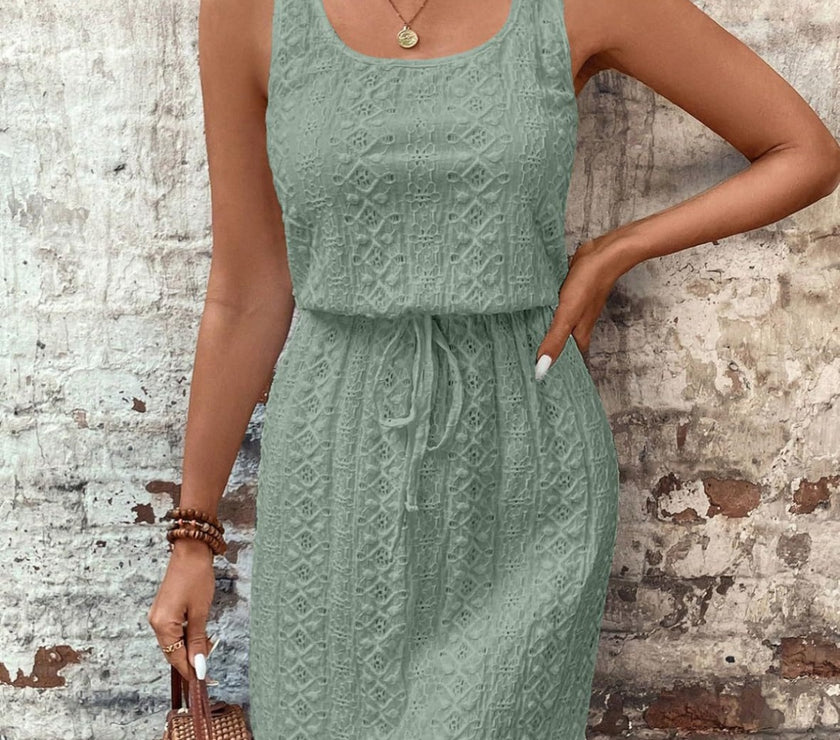 Eyelet Drawstring Round Neck Sleeveless Dress