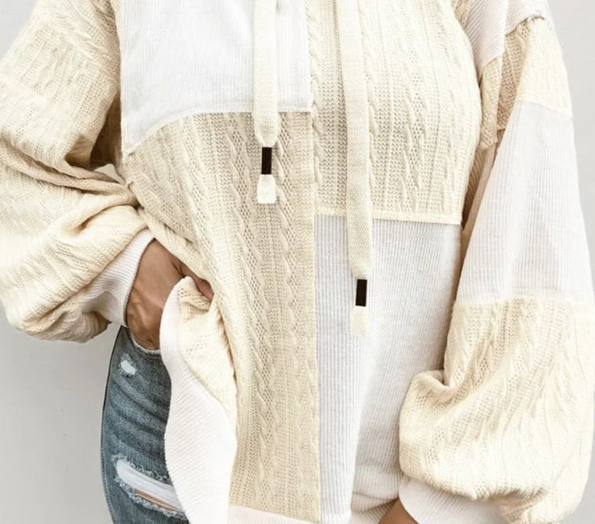 Plus Size Drawstring Color Block Long Sleeve Hoodie