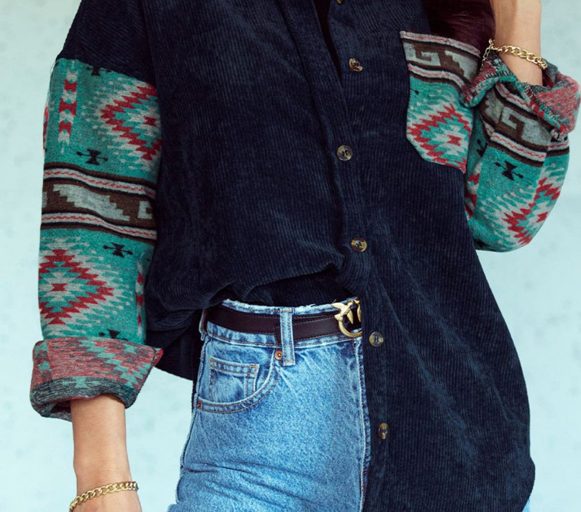 Pocketed Geometric Collared Neck Shacket