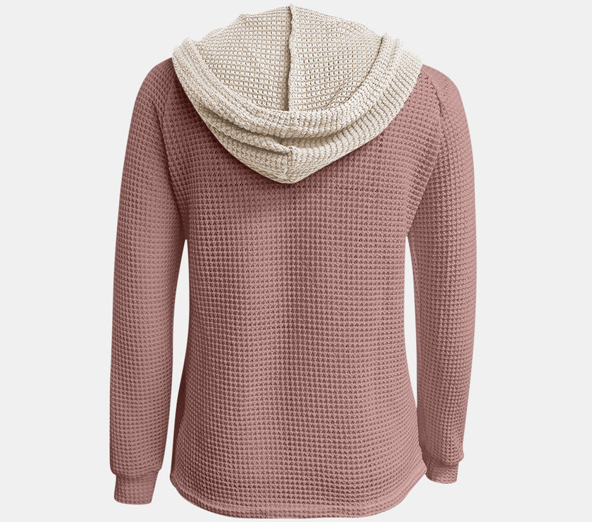 Full Size Waffle-Knit Contrast Long Sleeve Hoodie