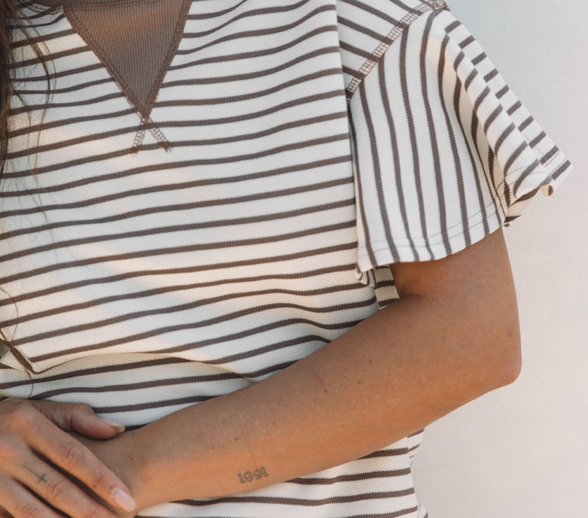 Parchment Contrast Detail Striped Ruffle Short Sleeve Top