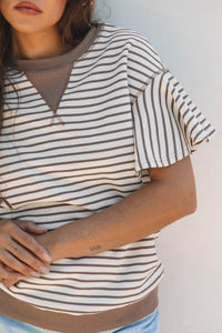 Parchment Contrast Detail Striped Ruffle Short Sleeve Top
