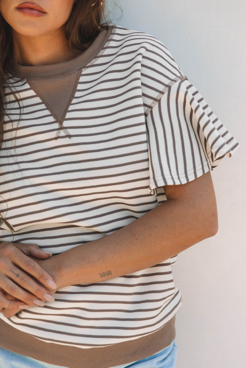 Parchment Contrast Detail Striped Ruffle Short Sleeve Top
