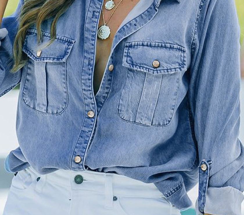 Pocketed Collared Neck Long Sleeve Denim Top