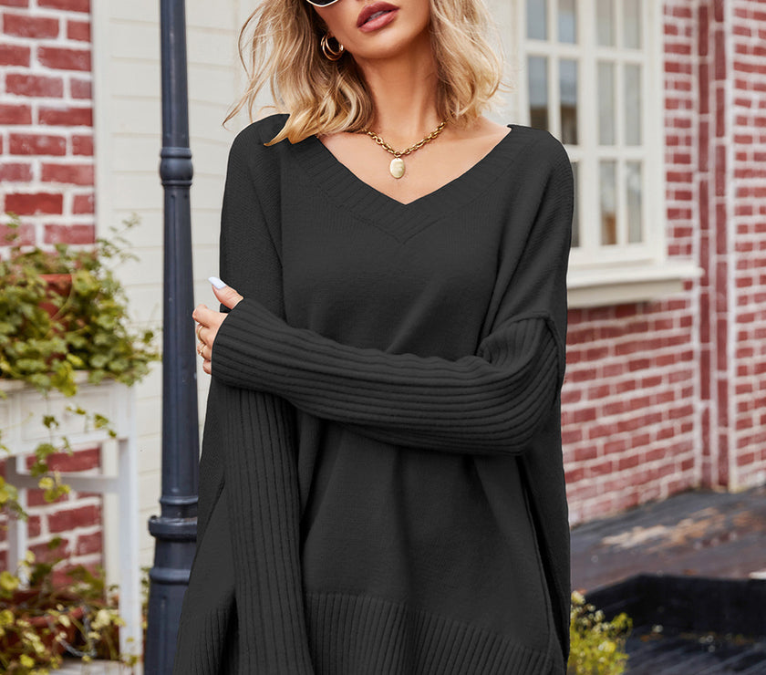 Slit V-Neck Dropped Shoulder Sweater