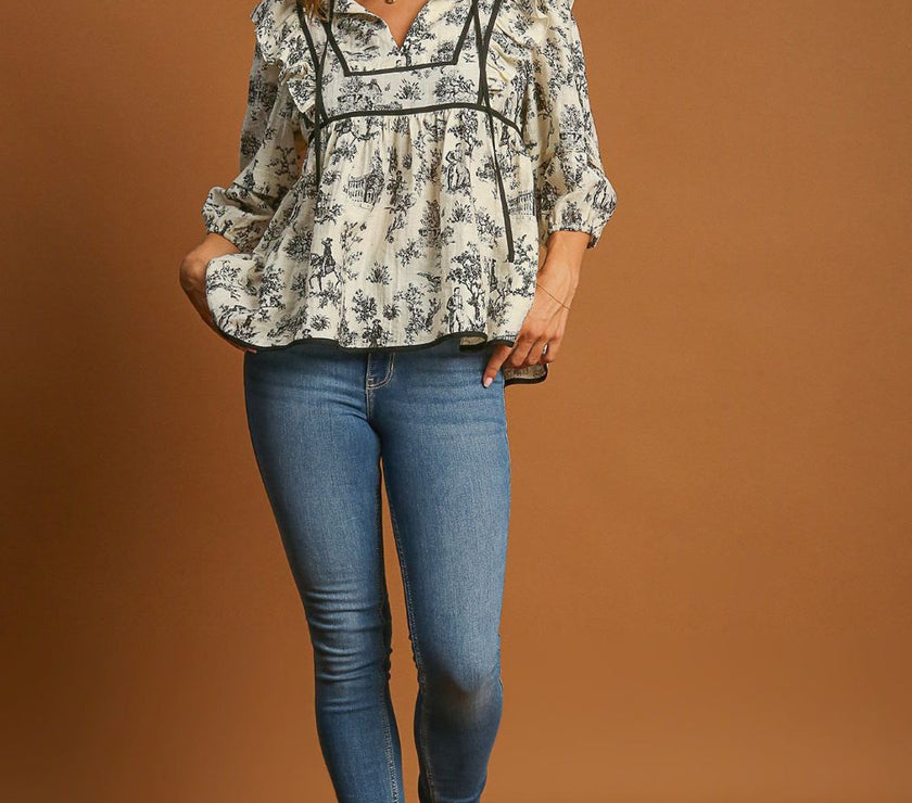 Umgee Ruffled Tie Neck Puff Sleeve Babydoll Blouse