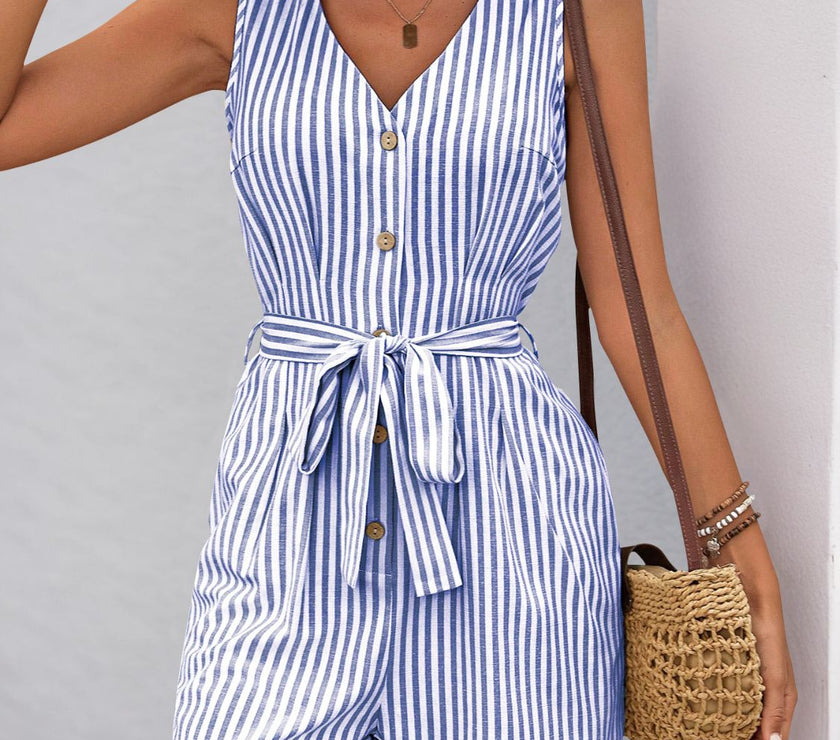 Perfee Striped V-Neck Tie Waist Romper