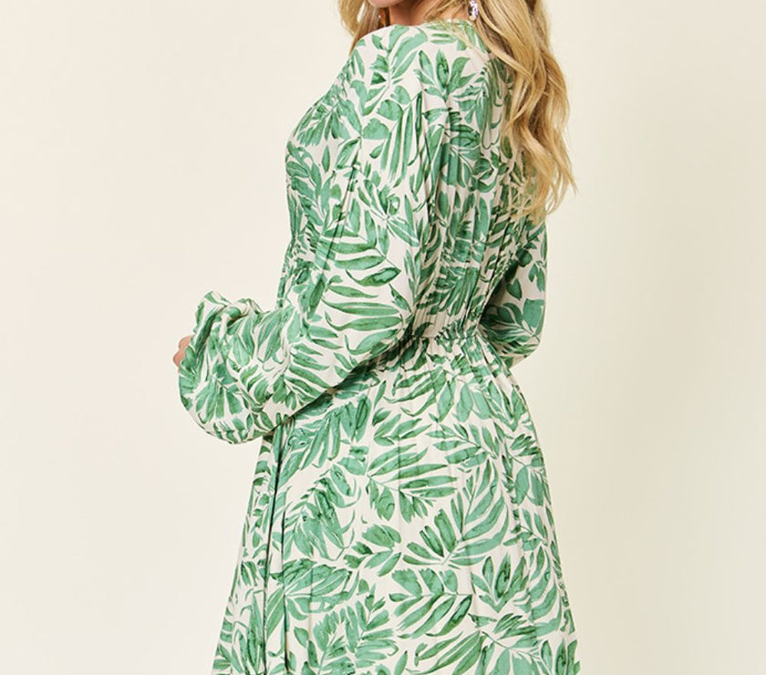 Double Take Full Size Printed Ruched Balloon Sleeve Dress