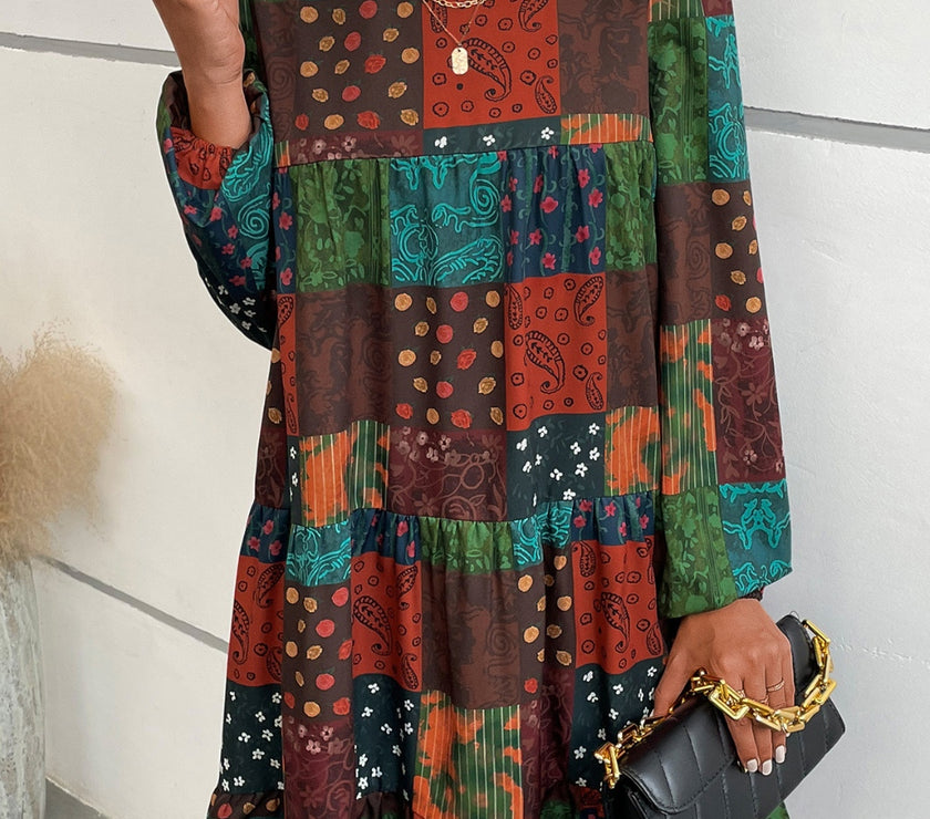 Printed Balloon Sleeve Tiered Dress