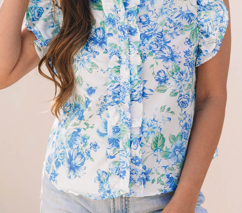 Sky Blue Floral Print Ruffle Sleeve Frilly Button Up Shirt