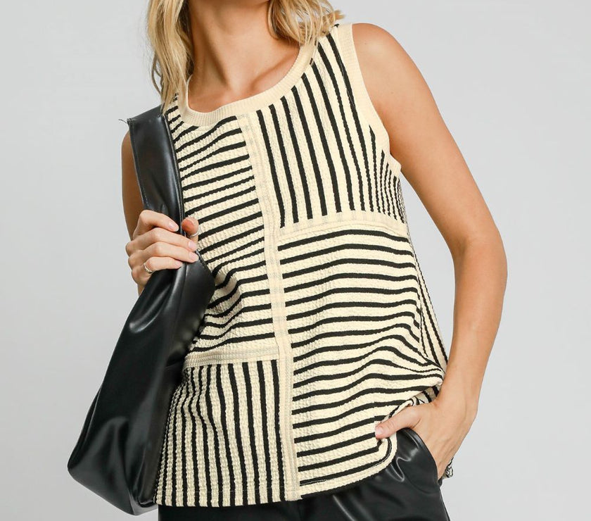 Umgee Round Neck Texture Striped Tank