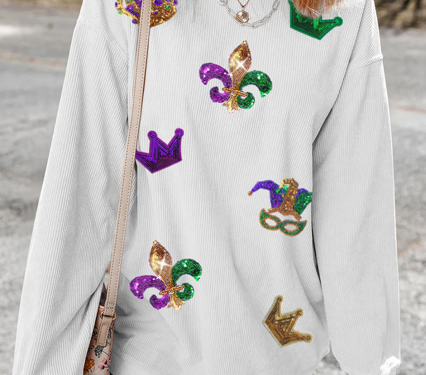 White Sequin Mardi Gras Symbol Crown Mask Patched Corded Sweatshirt