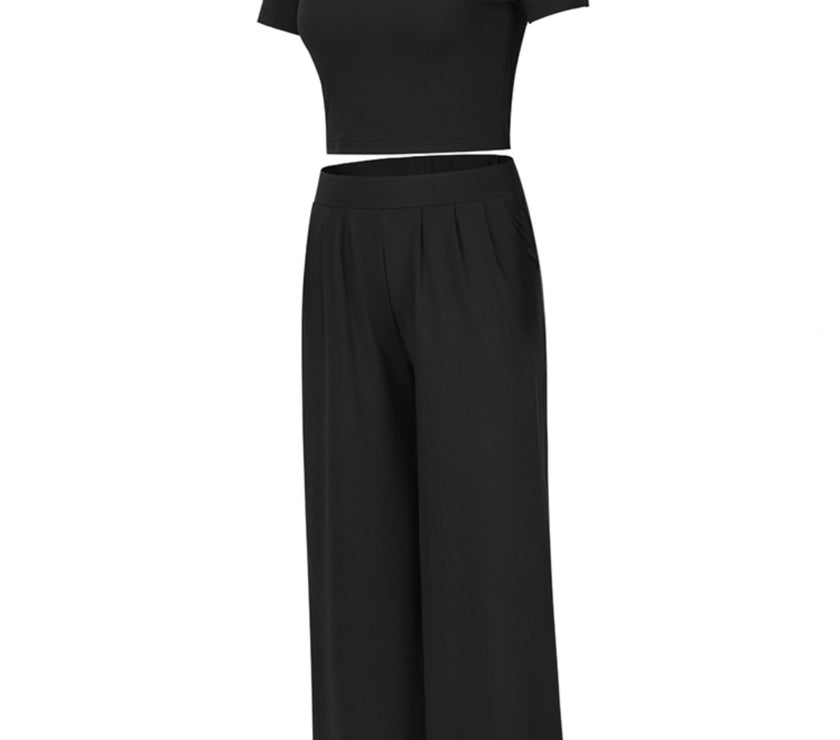 Round Neck Short Sleeve Top and Pocketed Pants Set