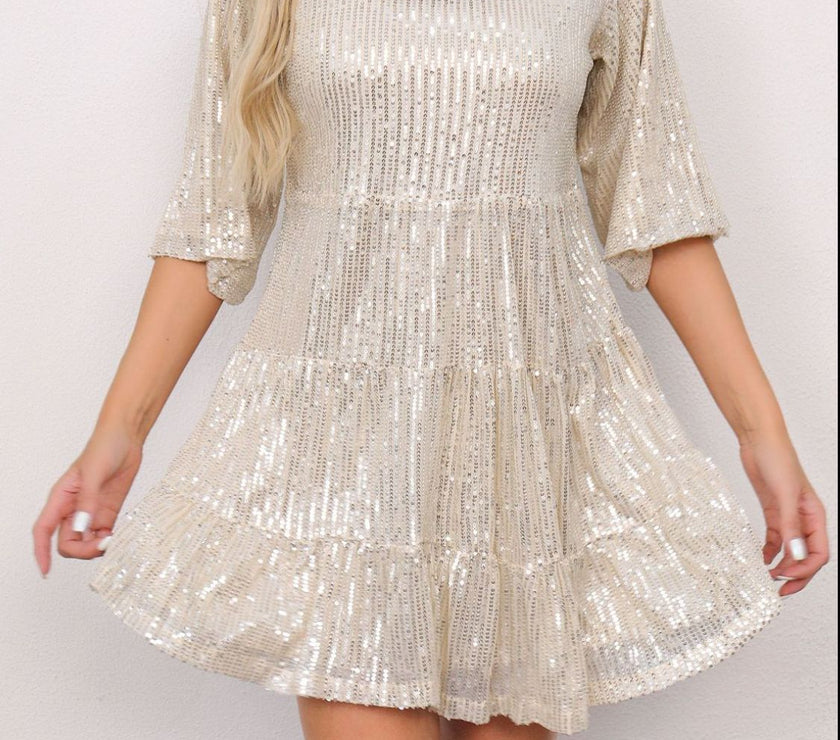 Sequin Round Neck Half Sleeve Mini Dress