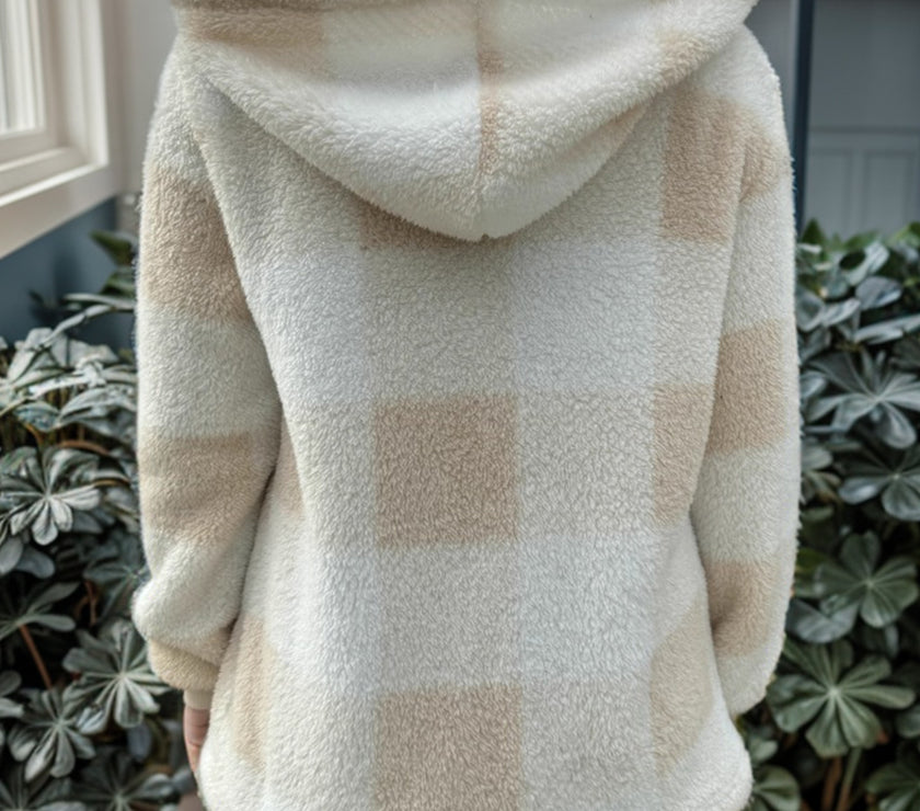 Double Take Full Size Plaid Long Sleeve Hooded Coat