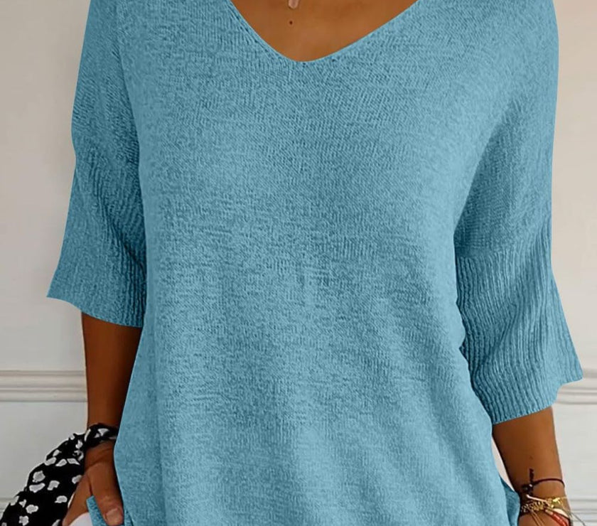 V-Neck Three-Quarter Sleeve Knit Top