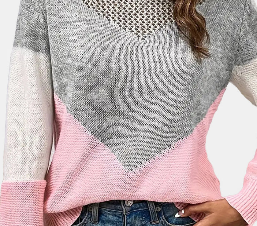 Openwork Contrast Round Neck Long Sleeve Knit Top