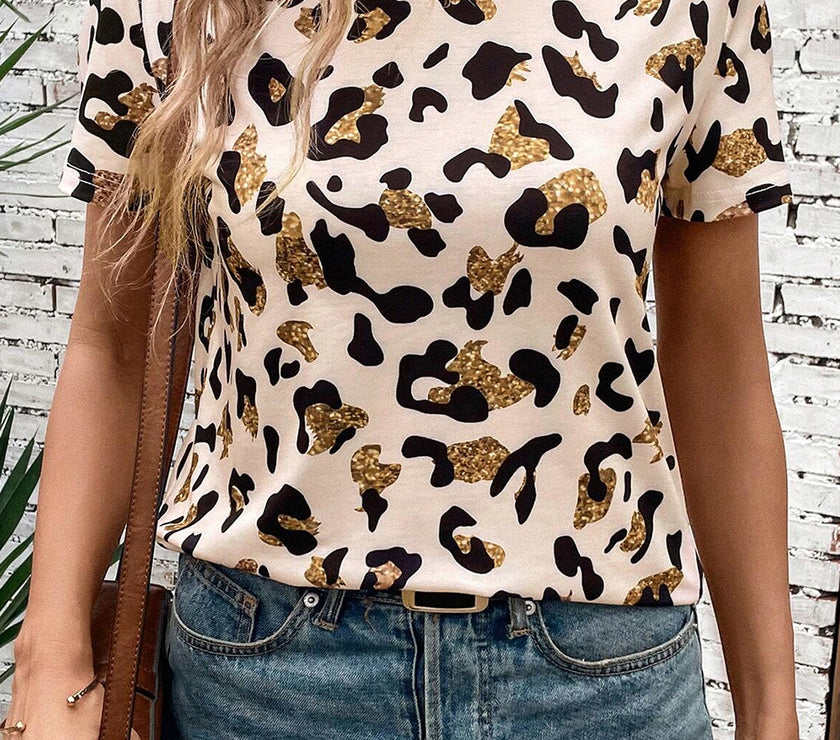 Apricot Leopard Print Round Neck Casual T Shirt