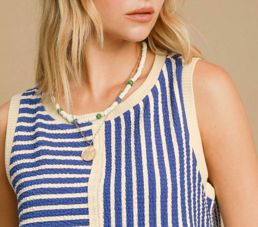 Umgee Round Neck Texture Striped Tank