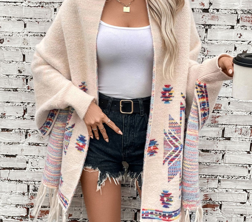 Fringe Geometric Open Front Long Sleeve Cape