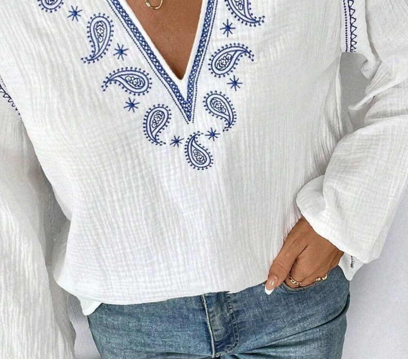 Embroidered Notched Long Sleeve Blouse