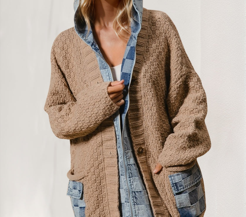Double Take Full Size Hooded Denim Spliced Sweater Cardigan