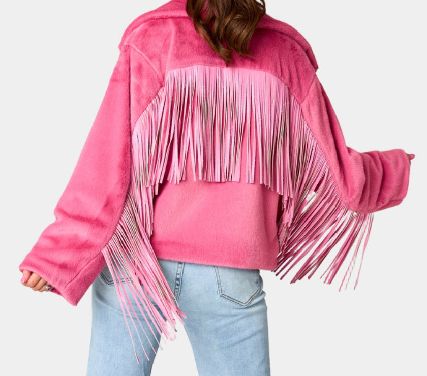 Fringed Zip Up Fleece Jacket