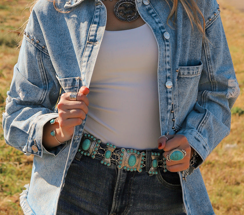 Studded Acid Wash Long Sleeve Denim Jacket