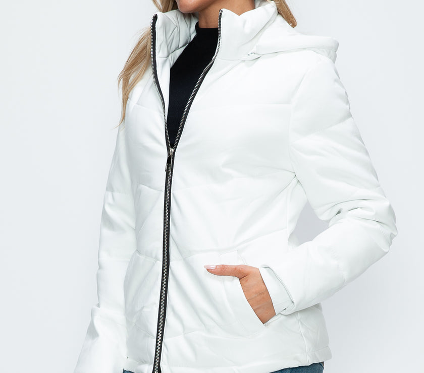 How Dare U Pocketed Zip Up Puffer Jacket with Removable Hood